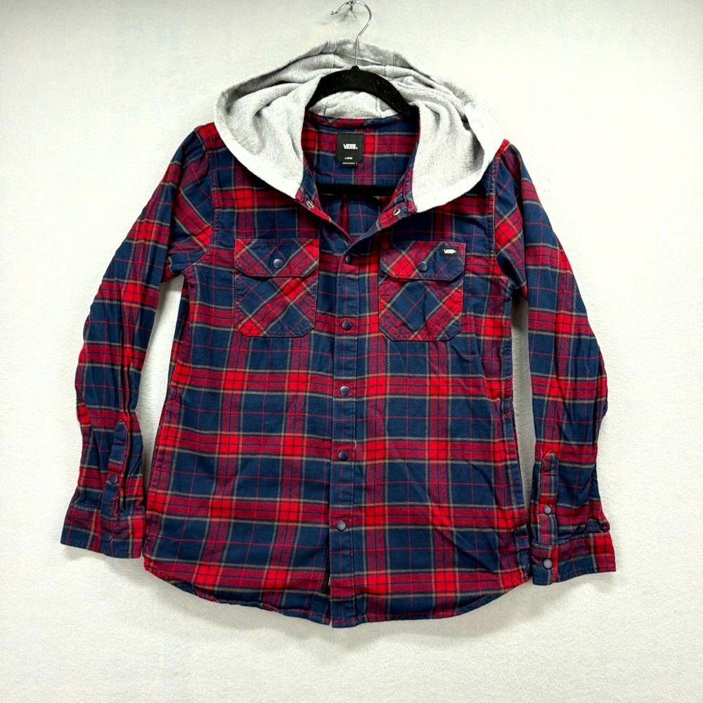 Vans Parkway Hooded Flannel Shirt Boys Large Blue Red Plaid Snap Skater Street